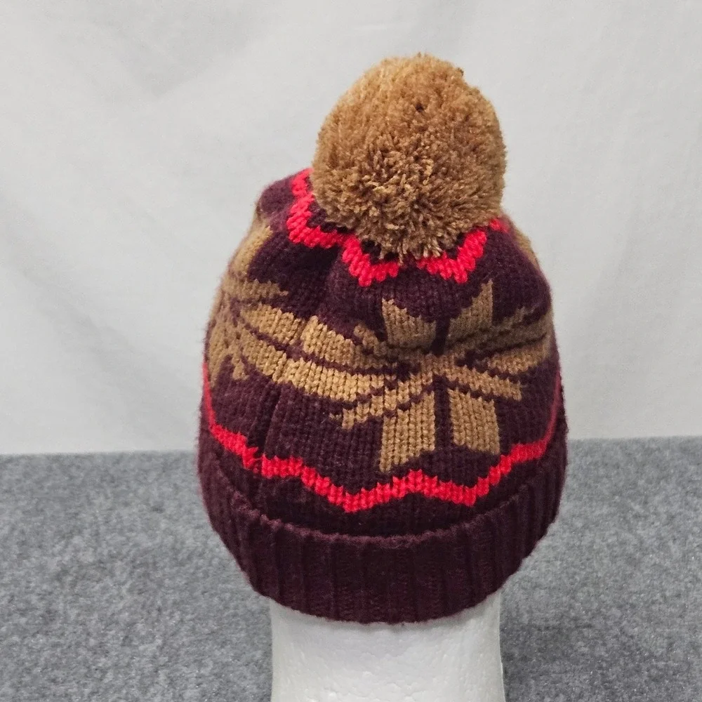 North Face Beanie Hat Burgundy Red Snowflake Knit Pom Pom Winter Skier Gorpcore